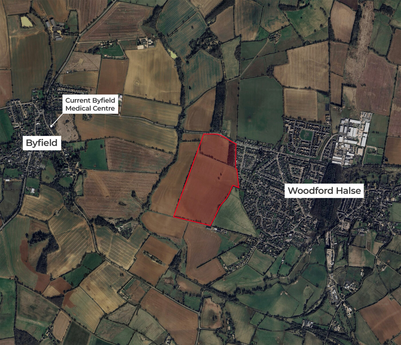 The proposed site is located on land south of Byfield Road in Woodford Halse, West Northamptonshire.